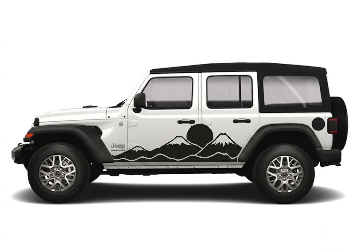 A white Jeep Wrangler with a black mountain and sun graphic decal applied along the side, shown in profile against a plain white background.