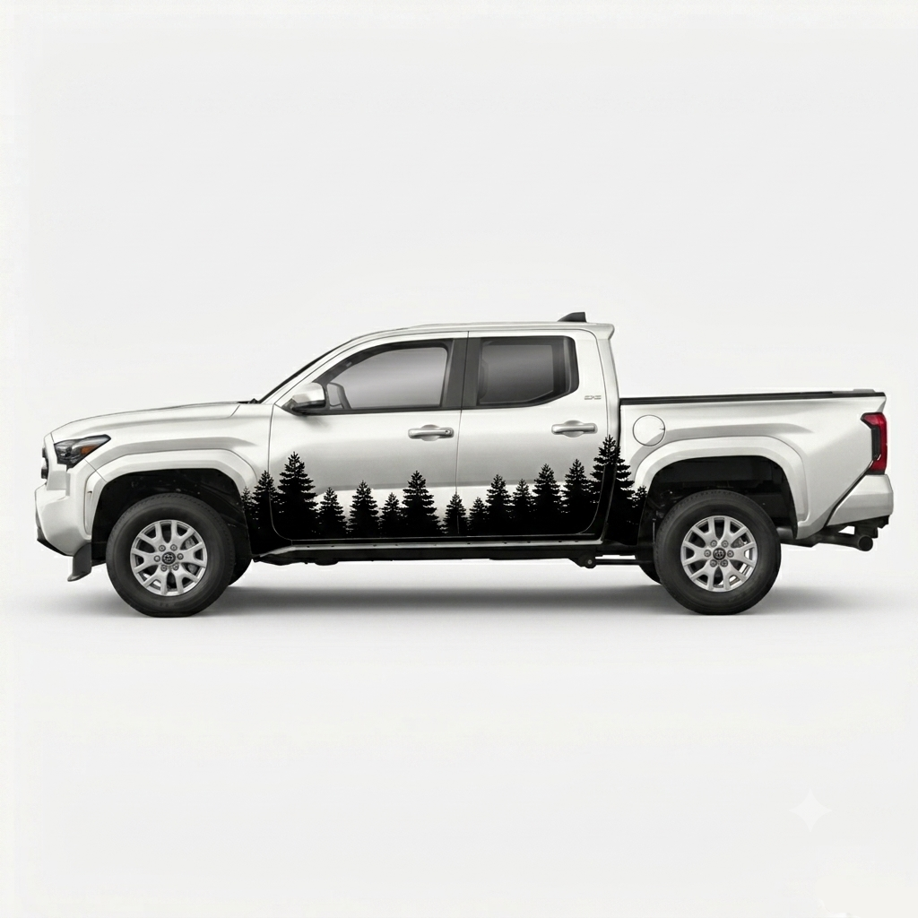 A silver pickup truck shown in side profile on a light gray studio background, with a black forest tree silhouette decal running along the lower side panel.