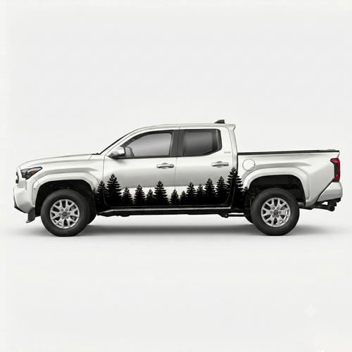A silver pickup truck shown in side profile on a light gray studio background, with a black forest tree silhouette decal running along the lower side panel.