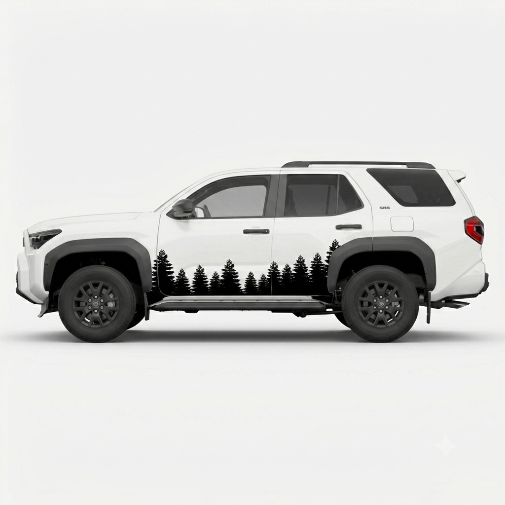 A white SUV shown in side profile on a light gray studio background, featuring a black pine tree forest graphic decal running along the lower side windows.