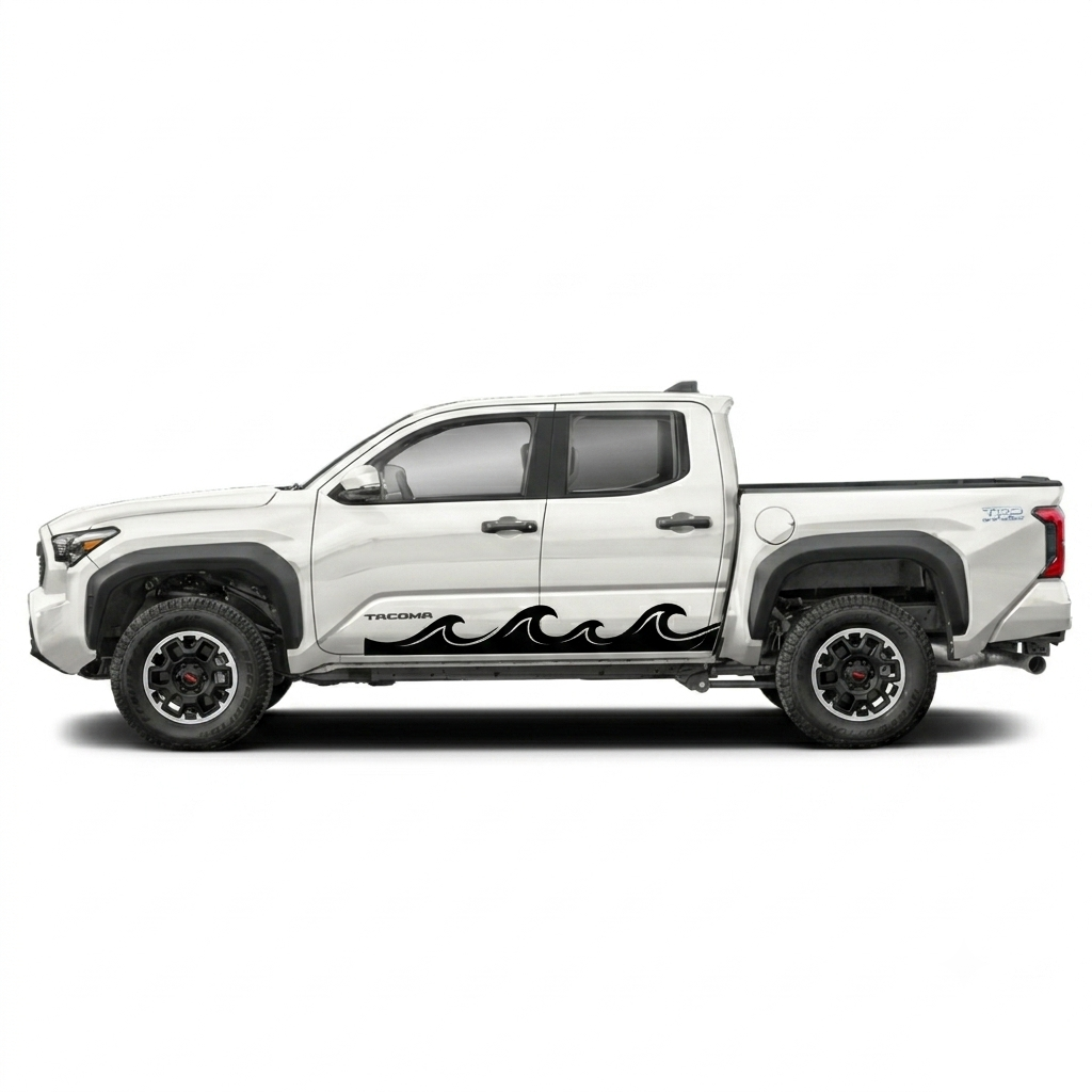 A white Toyota Tacoma pickup truck shown in a side profile view against a solid white background, featuring black decorative wave decals on the lower side panel.
