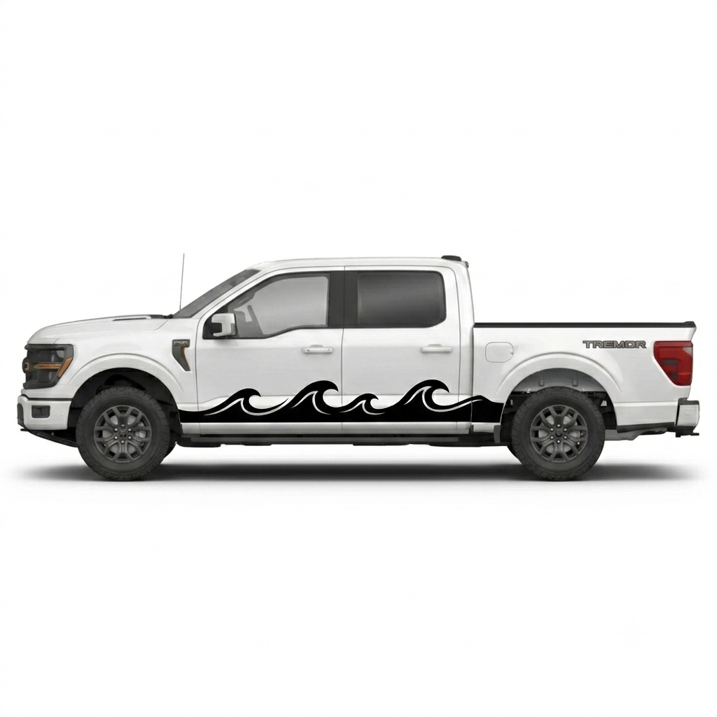A white Ford F-150 pickup truck shown in side profile on a light gray studio background, featuring a black wave decal running along the lower side panel.