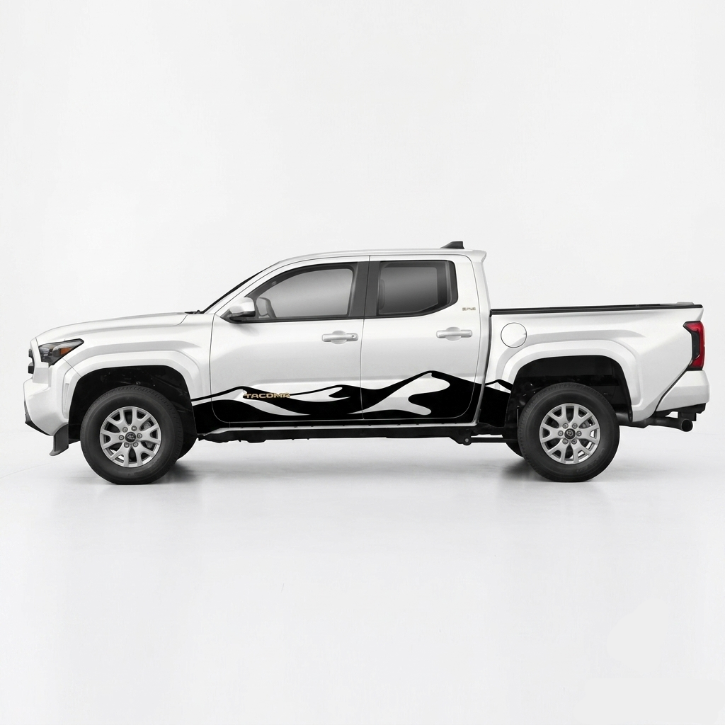 A white pickup truck shown in side profile on a clean light gray studio background, with a black and white flame-style decal applied along the lower side panel. The truck bed is covered by a dark tonneau, and the wheels are silver.