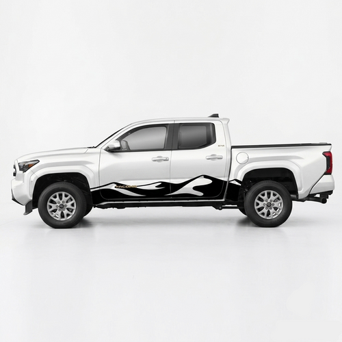 A white pickup truck shown in side profile on a clean light gray studio background, with a black and white flame-style decal applied along the lower side panel. The truck bed is covered by a dark tonneau, and the wheels are silver.