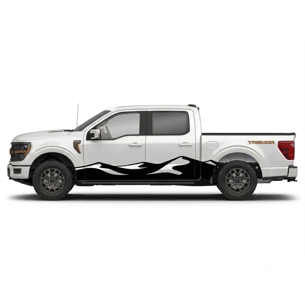 A white Ford F-150 pickup truck shown in side profile on a light gray studio background, with a large black graphic decal applied along the lower side panel. The decal has a stylized flame or wave shape.