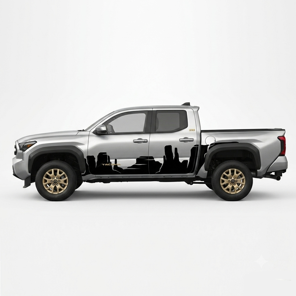 A silver Toyota Tacoma pickup truck shown in a side profile on a light gray studio background, featuring a black vinyl decal of the Chicago skyline printed across the lower side panels.