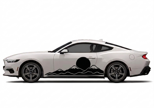 A white sports coupe shown in side profile on a light gray background, featuring a black mountain-and-circle graphic decal along the lower side panel.