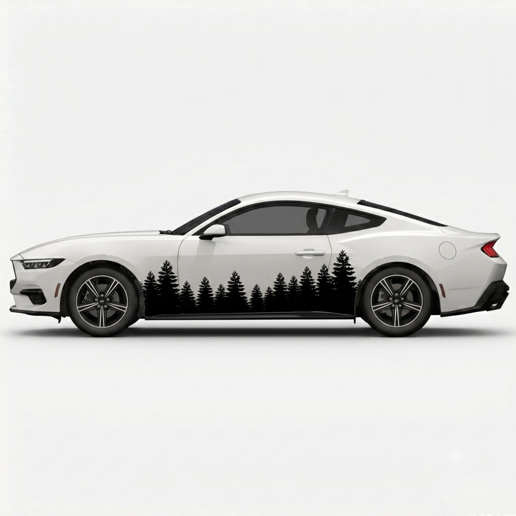 A white sports coupe shown in side profile on a light gray studio background, featuring a black forest tree silhouette decal running along the lower side panel.