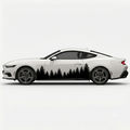 A white sports coupe shown in side profile on a light gray studio background, featuring a black forest tree silhouette decal running along the lower side panel.