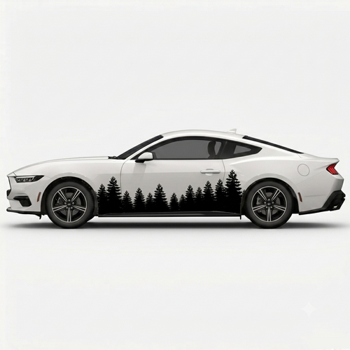 A white sports coupe shown in side profile on a light gray studio background, featuring a black forest tree silhouette decal running along the lower side panel.