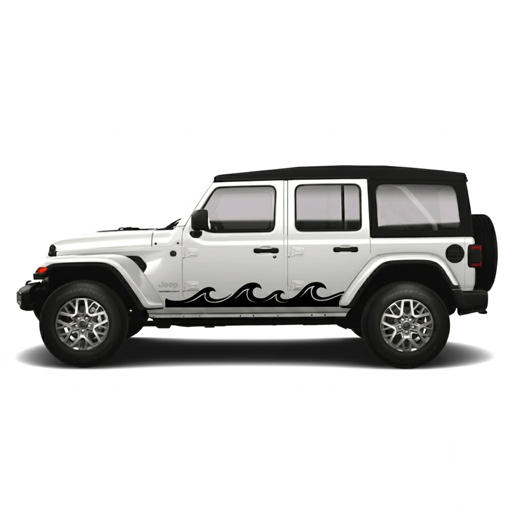 A white Jeep Wrangler with a black soft top and black wave decals along the lower side, shown in a side profile on a light gray background.