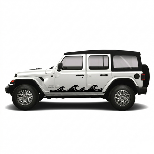 A white Jeep Wrangler with a black soft top and black wave decals along the lower side, shown in a side profile on a light gray background.