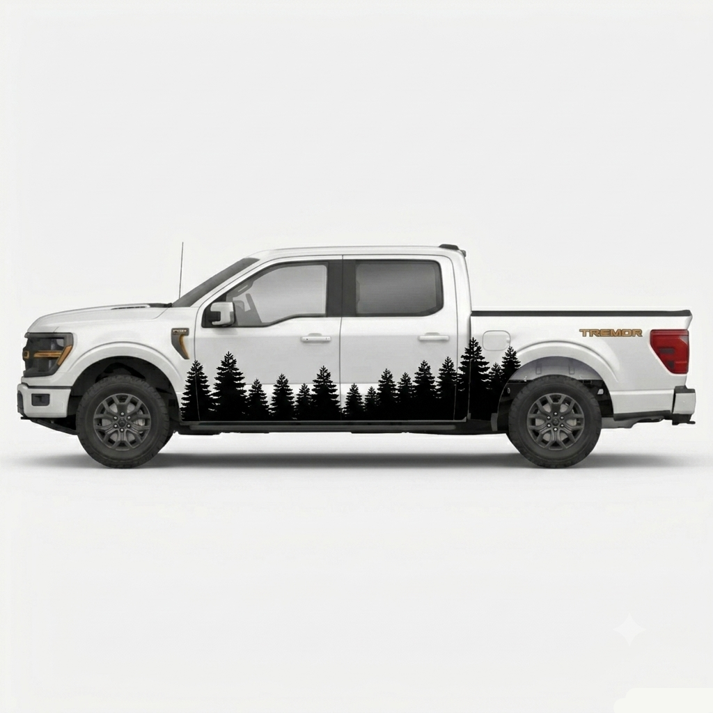 A white Ford F-150 pickup truck shown in side profile on a light gray studio background, with a black pine tree silhouette decal running along the lower side panel and a small gold 'TERRACER' badge on the bed.