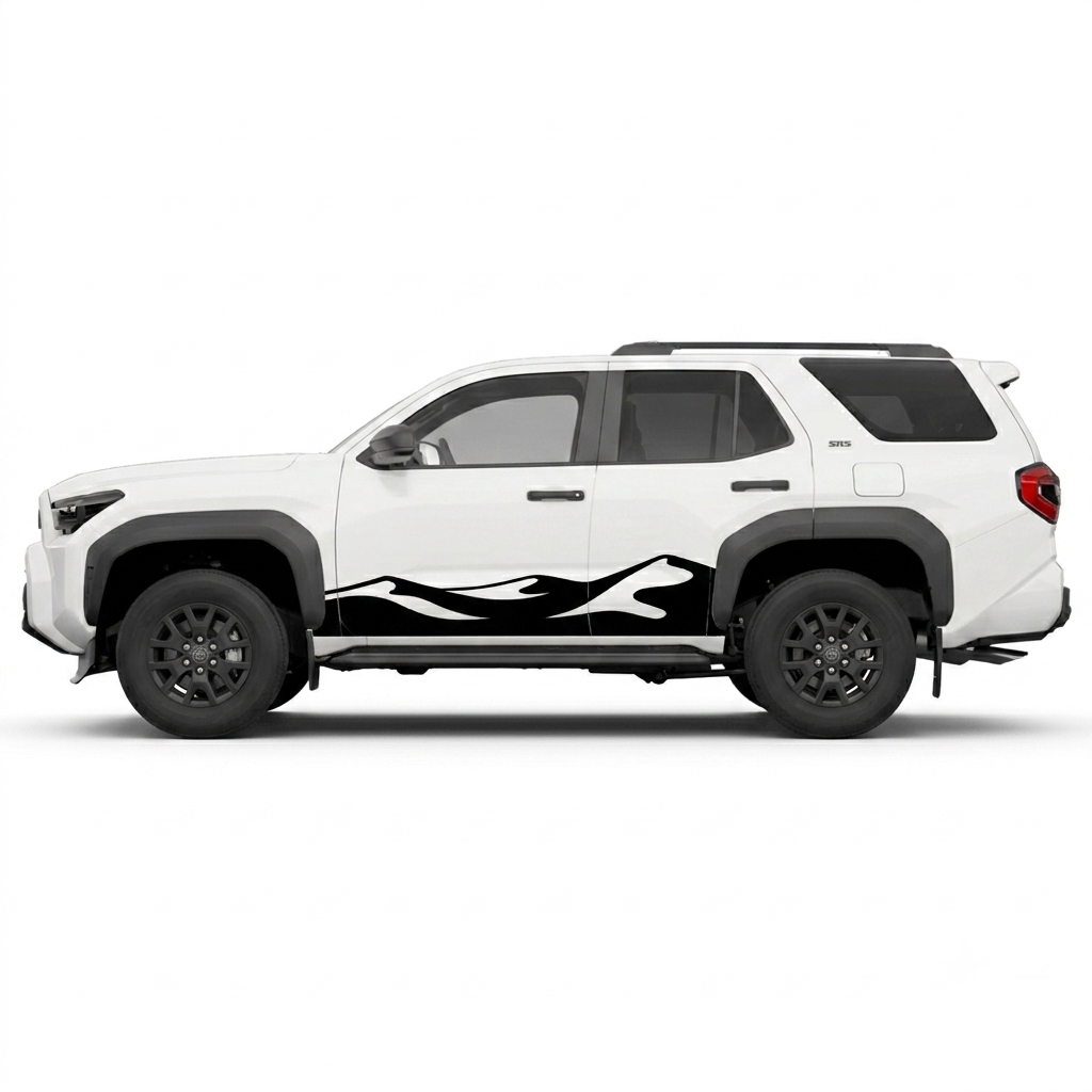 A white SUV shown in side profile on a light gray studio background, featuring a large black graphic decal running along the lower side panel.