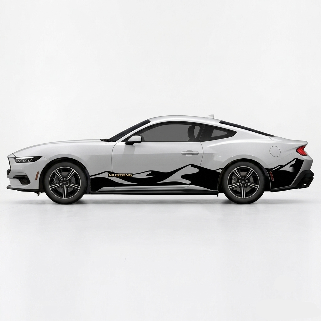 A side view of a white sports coupe with black flame-style decals running along the lower side, photographed in a clean white studio setting. The Ford Mustang badge is visible near the front wheel, and the text 'SM360' appears in the bottom-right corner.