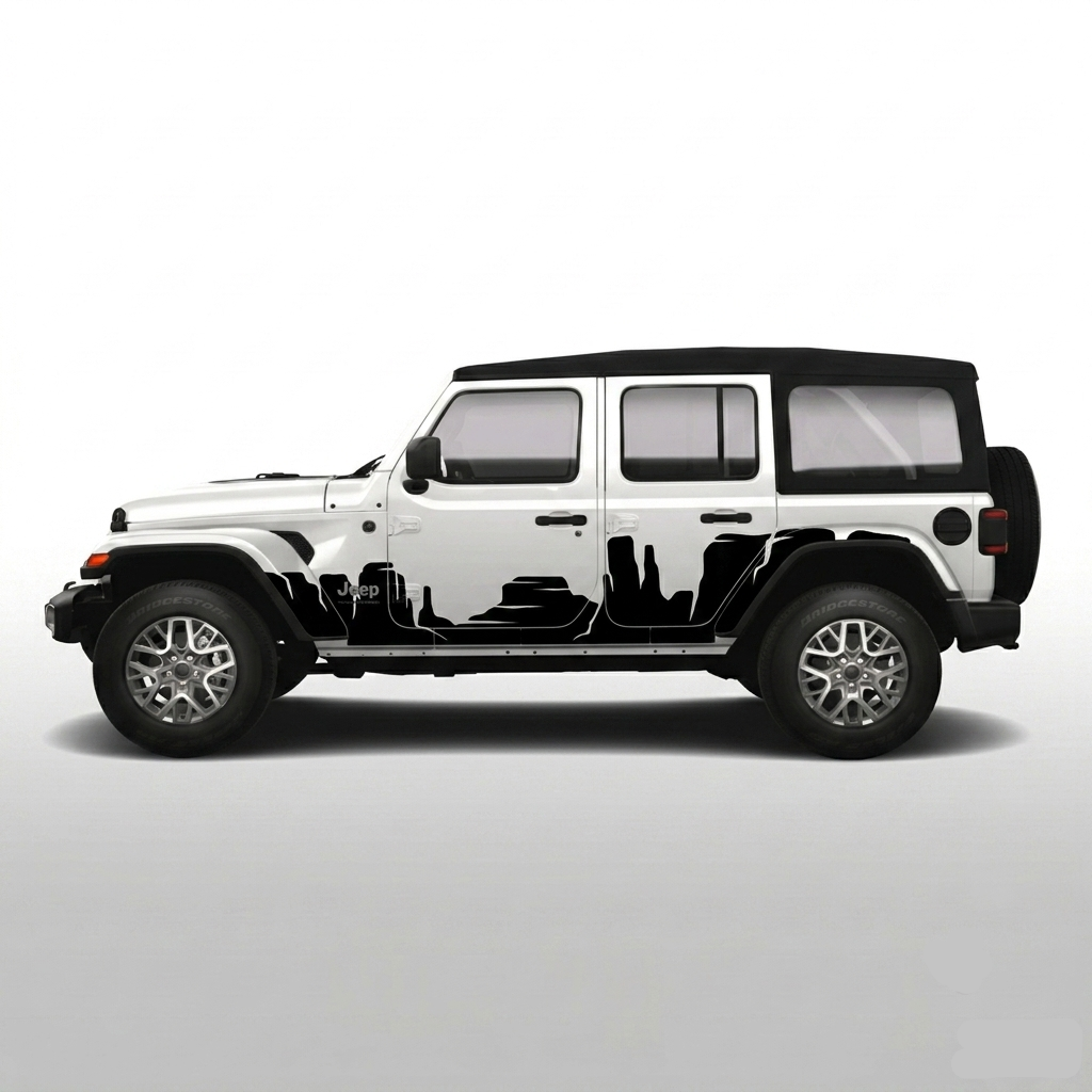 A white Jeep Wrangler with a black vinyl wrap decal applied to the lower side panels, shown in a side profile against a light gray studio background.