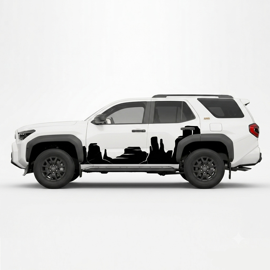 A white SUV shown in side profile on a light gray studio background, with a large black silhouette decal covering the lower side panel area. The vehicle has black wheels, dark tinted windows, and a small SM360 mark in the bottom-right corner of the image.