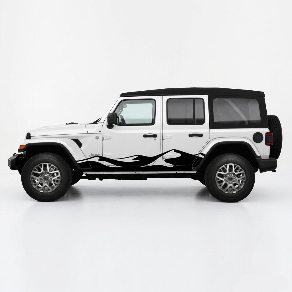 A white Jeep Wrangler with a black soft top and black graphic decals along the lower side, shown in a clean studio setting with a light gray floor and white background.