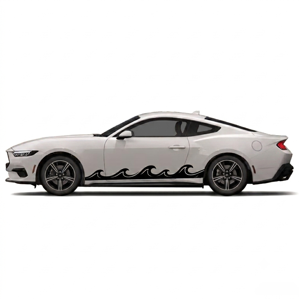 A white sports coupe shown in side profile on a light gray studio background, with a black flame-style decal running along the lower side panel.