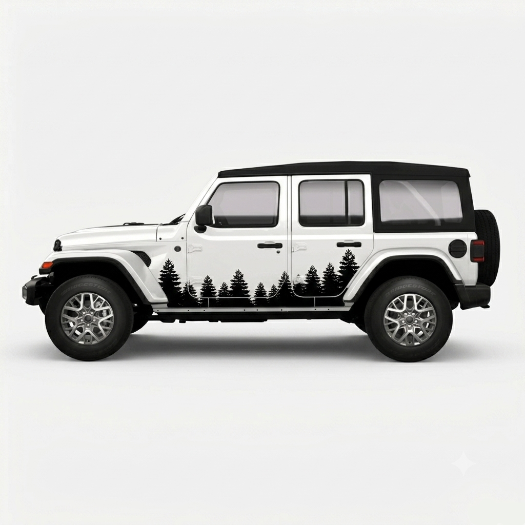 A white Jeep Wrangler with a black soft top and a black pine tree silhouette decal running along the lower side panel, shown in profile against a light gray studio background.