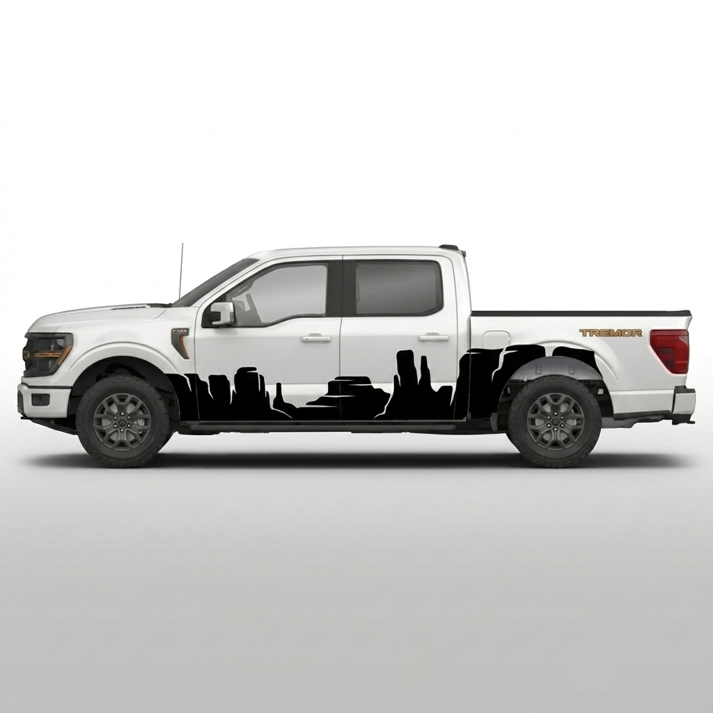 A white Ford F-150 pickup truck shown in side profile on a light gray studio background, featuring a large black silhouette decal running along the lower side panel.